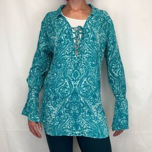 Women's Lucy Love Lace Up Casanova Blouse Tunic Teal Paisley L NWT